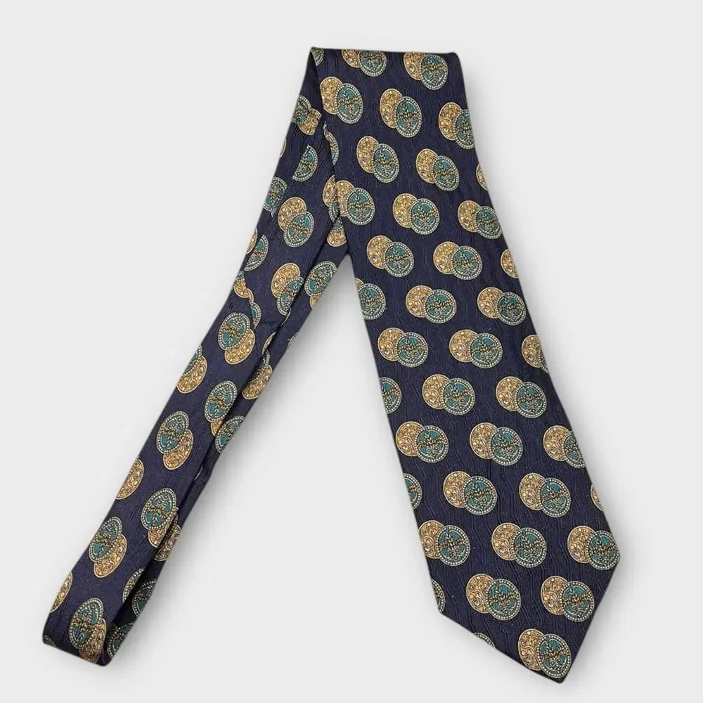 VALENTINO navy, teal & gold coin medallion print silk tie made in Italy luxury